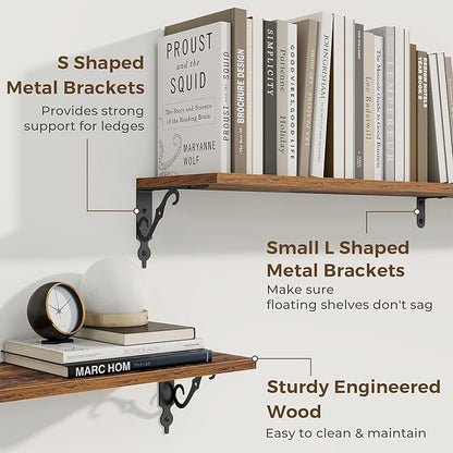 RICHFOCUS Floating Shelves for Wall Decor, 55.1W x 8D Shelf Set of 2, 8 Inch Deep Rustic Wood Shelves Wall Mounted with Brackets, Long Shelves for Living Room Bedroom Kitchen, Rustic Brown