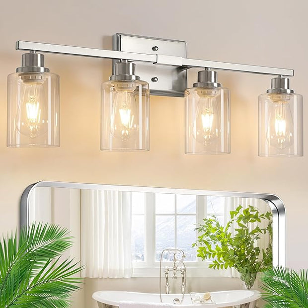 Ascher Bathroom Light Fixtures, 4-Light Vanity Lights with Clear Glass Shade, Modern Brushed Nickel Wall Light for Mirror Bedroom Hallway Cabinet Porch