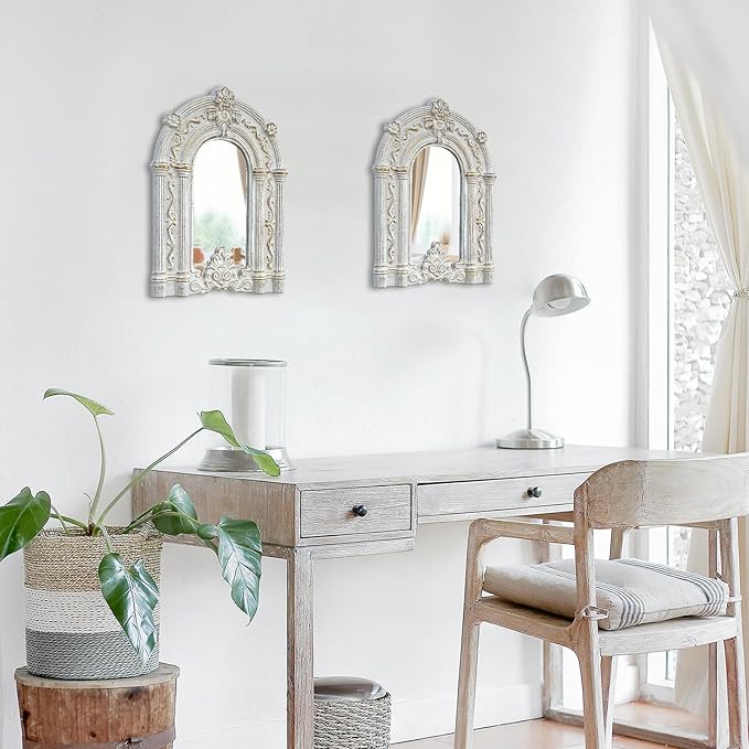 ZEXUIRU 2PCS Arched Window Wall Mirror,Rustic Farmhouse Accent Mirror, Wood Framed Entry Wall Decoration for Living Room,Bathroom,Bedroom,Kitchen,14.5x10.6 Inches