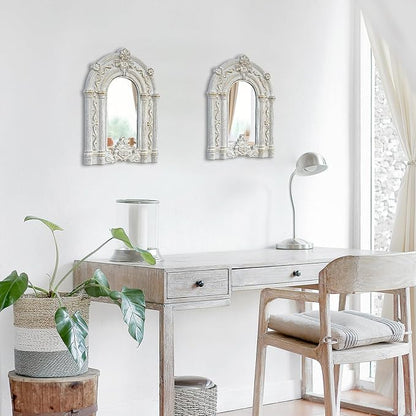 ZEXUIRU 2PCS Arched Window Wall Mirror,Rustic Farmhouse Accent Mirror, Wood Framed Entry Wall Decoration for Living Room,Bathroom,Bedroom,Kitchen,14.5x10.6 Inches