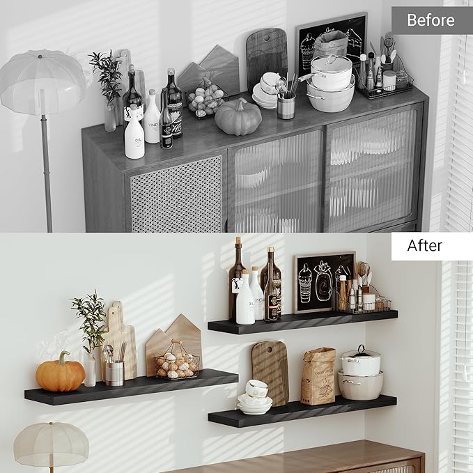 Vivelove Single Floating Shelves 48 Inches, 48 x 10 inch Deep x 1.8 in Thick, Long Wall Shelves Heavy Duty 80 lbs for Bedroom, Living Room, Kitchen, Office, Modern Shelf Book Home Decor, Black