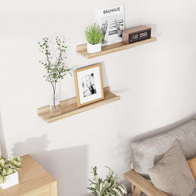 RICHFOCUS Floating Shelves for Wall, 24 inch Solid Wood Picture Ledge Shelf for Wall Storage, Nursery Book Shelves with Lip for Living Room Bathroom Bedroom Kitchen, Set of 2, Carbonized Black