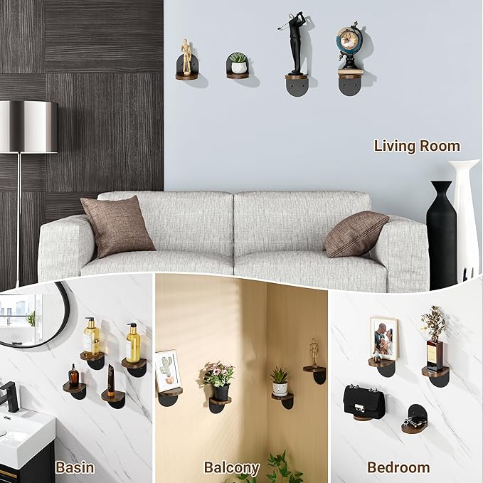 SAYAYO Small Floating Shelves for Wall Storage, 4 x 4 Inch Wall Shelves for Bedroom Decor, Mini Display Wood Shelf Organizer with Black Base for Living Room, Office, Balcony, Rustic Brown，4 Pcs