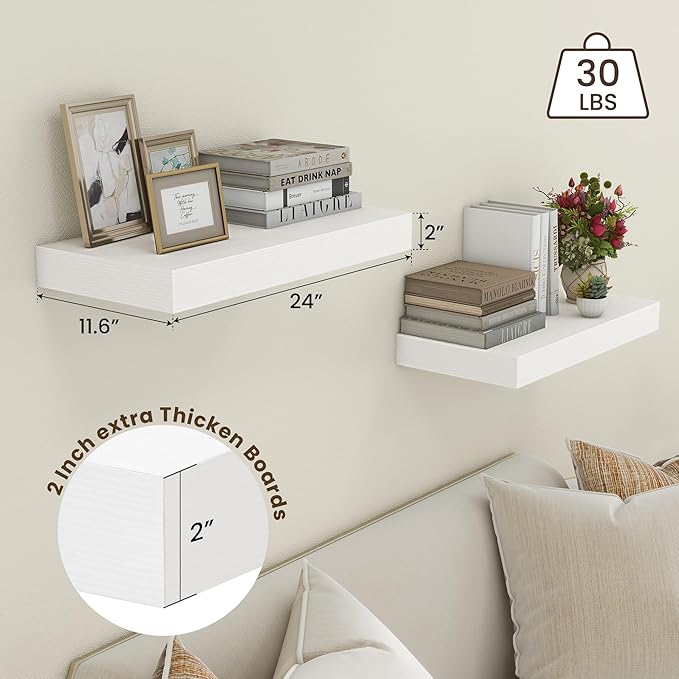 Deep Floating Shelves | 24 Inch White Floating Shelves Set of 2 | 12 Inch Deep Rustic Wood Shelves for Wall | 24