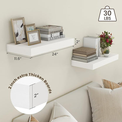 Deep Floating Shelves | 24 Inch White Floating Shelves Set of 2 | 12 Inch Deep Rustic Wood Shelves for Wall | 24" W x 12" D White Shelves for Living Room Bathroom Laundry Room Kitchen
