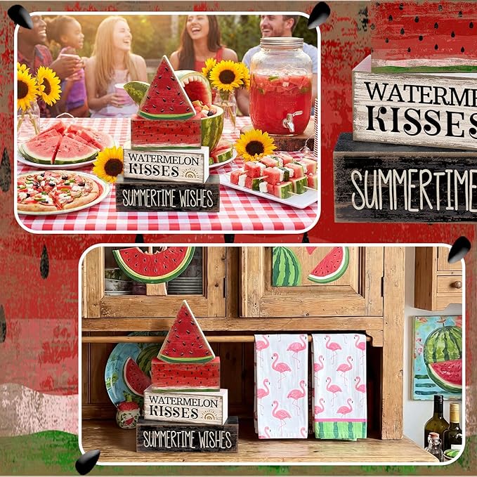 4 Pcs Summer Table Decor Wooden Watermelon Tiered Tray Decor Rustic Farmhouse Watermelon Block Signs Gifts Summer Tabletop Centerpieces for Home Kitchen Coffee Bar Decorations