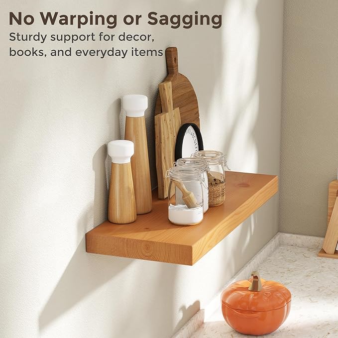Axeman 24 Inch Floating Shelves for Wall, 9.3" Deep High End Solid Real Wood Wall Shelves with Heavy Duty Invisible Bracket for Living Room, Bedroom, Kitchen, Bathroom, Set of 2, Natural