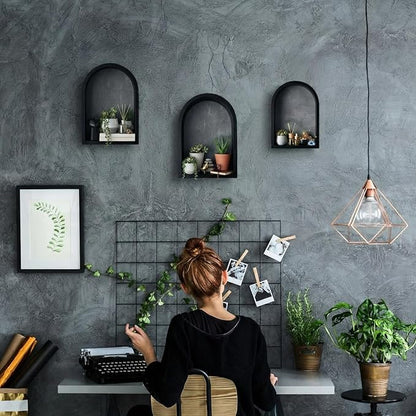3 Set Wall Shelf 9.8 x 7.1 Inch Wooden Hanging Shelf Deep Display Storage Shelves Floating Shelves for Home Office Room Mini Figures Potted Plants Wall Decor(Arched,Black)