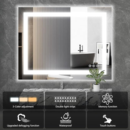 DUMOS 37"x 28" LED Bathroom Mirror with Lights, Dimmable Anti-Fog Front Lit Backlit Lighted Wall Mounted Rectangle for Vanity Makeup Memory Function Tempered Glass Shatter-Proof Horizontal&Vertically