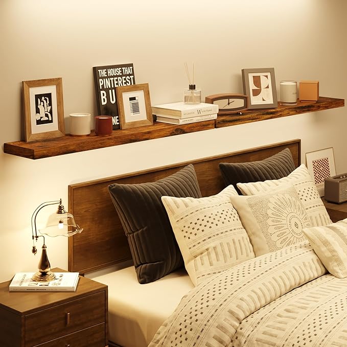 BAMEOS Floating Shelves, 31W x 7D Rustic Brown Wall Mounted Wooden Shelves with Invisible Brackets Set of 2, Hanging Wall Shelves Decoration for Bedroom, Bathroom, Living Room and Kitchen