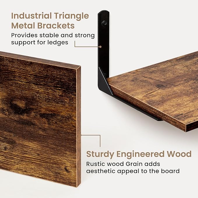 Fun Memories Deep Floating Shelves, 55W x 8D Floating Shelves Set of 2, Wall Mounted Shelf with Metal Brackets, Rustic Wood Wall Shelf for Bathroom, Kitchen and Living Room, Rustic Brown