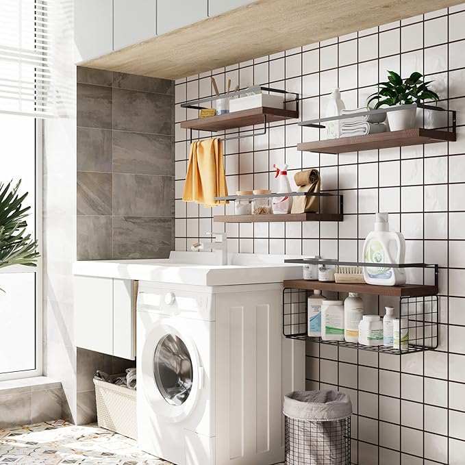Wood Floating Shelves Wall Mounted - 4+1 Tier Rustic Bathroom Wall Shelves Over Toilet with Wire Storage Basket and Towel Bar, Set of 4 Farmhouse Floating Shelf for Bathroom, Kitchen, Bedroom.