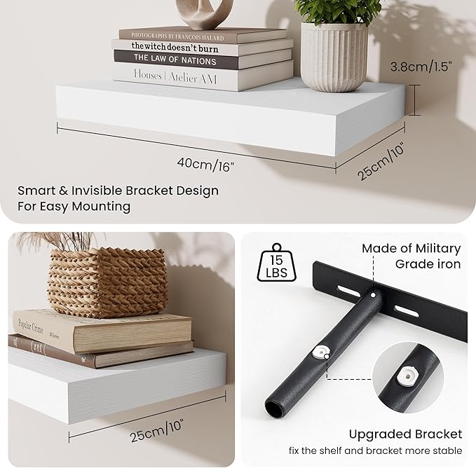 Fun Memories Wood Floating Shelves 16 Inch, 10 Inch Deep Shelves Wall Mount, Wall Shelves with Invisible Bracket, 16
