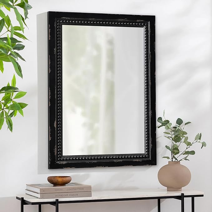 Rustic Black Mirror with Beaded Detailing 29 X 20 Inch, Wall Hanging Distressed Wood Frame Rectangular Gothic Wall-Mounted Mirrors for Living Room Bathroom Entryway, Horizontal or Vertical