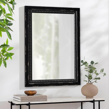 Rustic Black Mirror with Beaded Detailing 29 X 20 Inch, Wall Hanging Distressed Wood Frame Rectangular Gothic Wall-Mounted Mirrors for Living Room Bathroom Entryway, Horizontal or Vertical