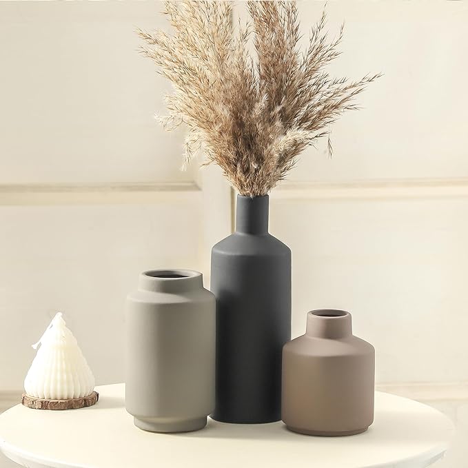 Ceramic Vase Set of 3, Modern Farmhouse Boho Table Centerpiece Vases, Small Flower Pottery for Coffee Bar Shelf Bookshelf Living Room Kitchen Decor, Rustic Home Decor Accents