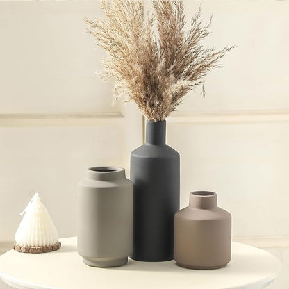 Ceramic Vase Set of 3, Modern Farmhouse Boho Table Centerpiece Vases, Small Flower Pottery for Coffee Bar Shelf Bookshelf Living Room Kitchen Decor, Rustic Home Decor Accents