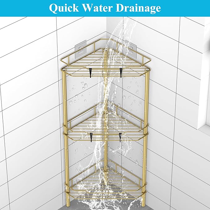 3 Tier Floor Standing Corner Shower Caddy Organizer Shelf with Hooks, Bathroom Shelves Stand Rack, Gold