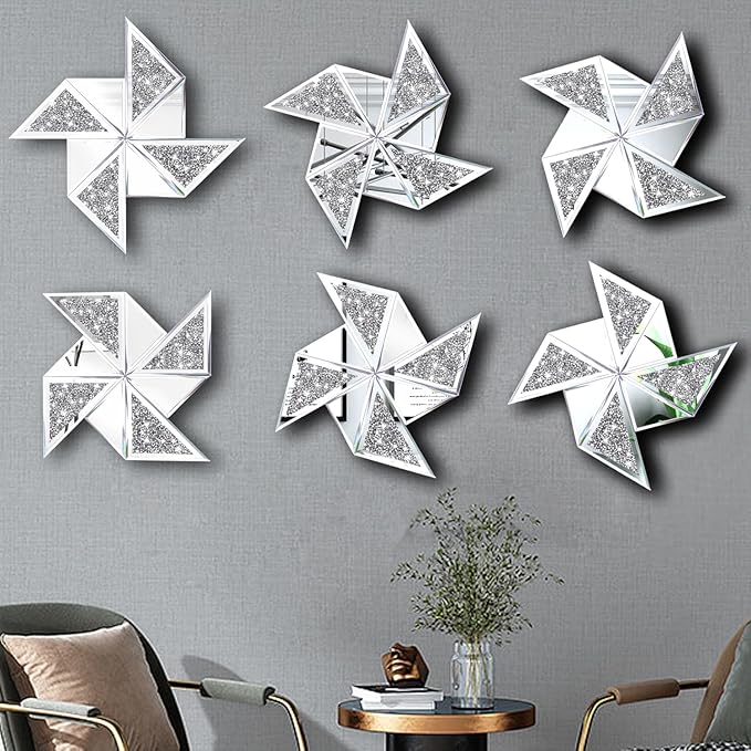 Set of 2 Diamond Decorative Mirrors, Cute Pinwheel Shape Wall Mirror, Crushed Diamond Glass Mirror for Home Décor. (15.6”x15.6”)