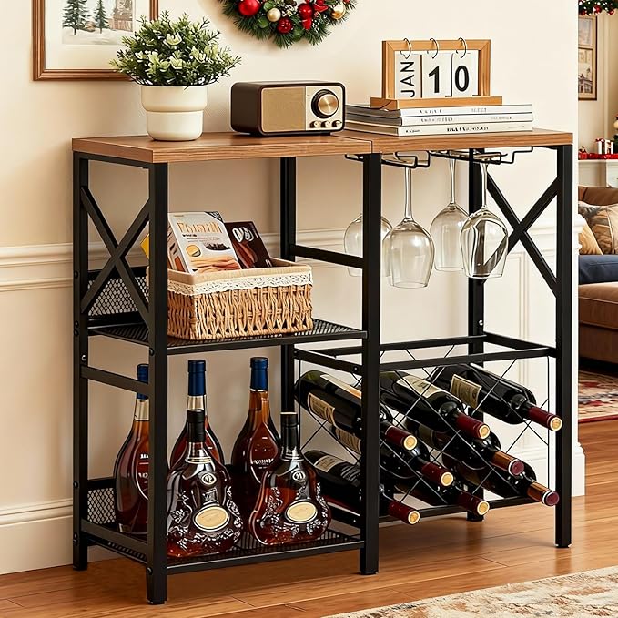 Wine Bar Cabinet, Rustic Freestanding Wine Rack with Glass Holder and Fence, Bar Cabinet with 2 Tier Storage, Liquor Shelf for Home Bar, Rustic Brown