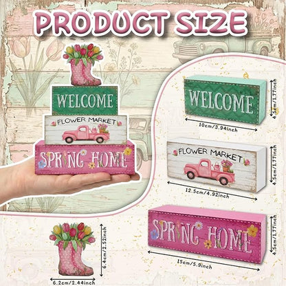 Spring Decorations, 4 Pcs Wooden Spring Table Decorations, Farmhouse Rain Boots Tiered Tray Decor, Wooden Table Sign for Desk Shelf Mantel Coffee Bar, Indoor Home Decor