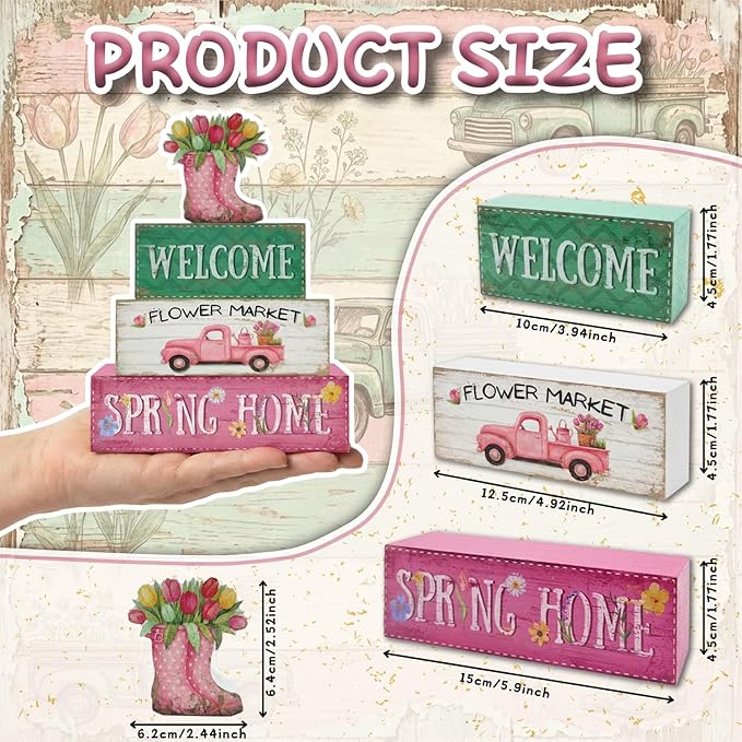 Spring Decorations, 4 Pcs Wooden Spring Table Decorations, Farmhouse Rain Boots Tiered Tray Decor, Wooden Table Sign for Desk Shelf Mantel Coffee Bar, Indoor Home Decor