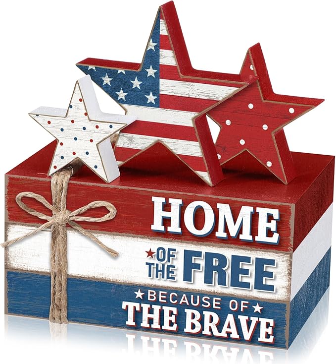 Geelin 4 Pcs Memorial Day Patriotic Wooden Book Stack Decorations, Tabletop Book Sign Ornaments with American Flag Stars, Rustic Red White Blue Tiered Tray Decor for Home, Office, Independence Day