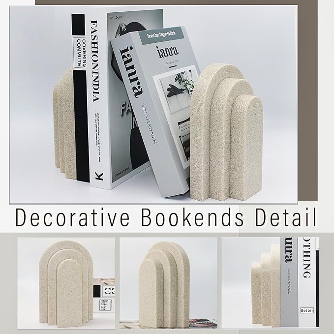 Heavy Duty Bookends for Shelves, 6.6 LBS Heavy Book Ends for Heavy Books, Decorative Modern Bookends with Faux Sandstone Look, Layered Arch Book Stopper for Bookshelf Holder Set of 2, Beige