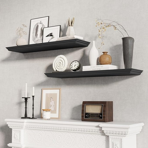Fun Memories Floating Shelves 36 Inch Long, 9.3 Inch Deep Classic Crown Molding Floating Shelves for Wall, Rustic Wooden Shelves for Wall Decor Bathroom, Kitchen, Office, (Black, 2Pack)