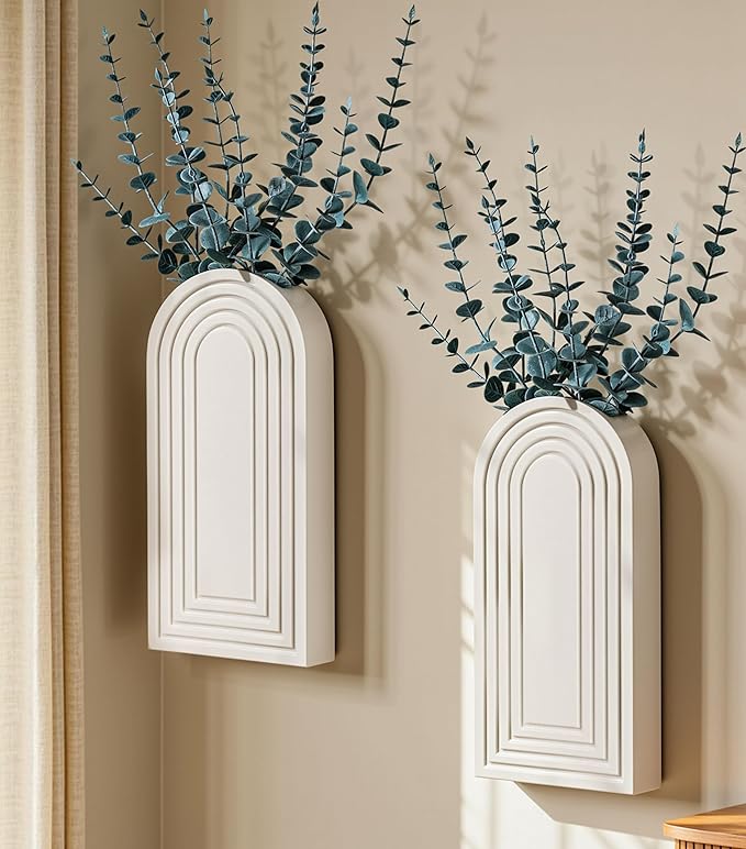 DREAMLOOM 2 Pack Wooden Wall Vases with Eucalyptus Artificial Plants, Wall Hanging Planters Boho Modern Farmhouse Indoor for Narrow Spaces Entryway Bathroom Home Office Decoration, White