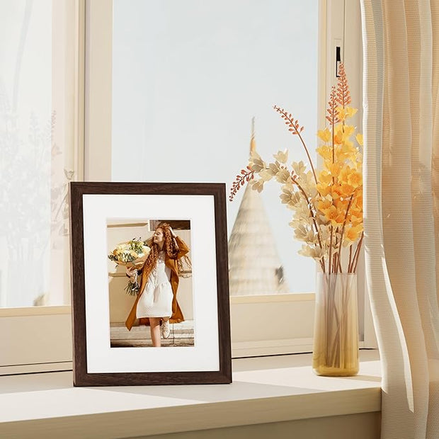 Vittanly 8x10 Picture Frame Set of 4, Display Pictures 5x7 with Mat or 8x10 without Mat, Engineered Wood with Shatter Resistant Plexiglass, Wall Gallery Photo Frames for Wall or Tabletop, Brown