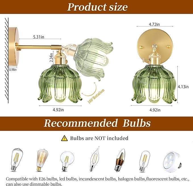 Vintage Battery Wall Sconce with Flower lampshade,Rechargeable Battery Powered Wall Lights,Wall lamp with 15 Colors for Bedroom Living Room Home Decor (Flower Green, 2 Light Battery Operated)