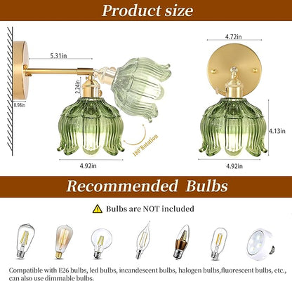 Vintage Battery Wall Sconce with Flower lampshade,Rechargeable Battery Powered Wall Lights,Wall lamp with 15 Colors for Bedroom Living Room Home Decor (Flower Green, 2 Light Battery Operated)