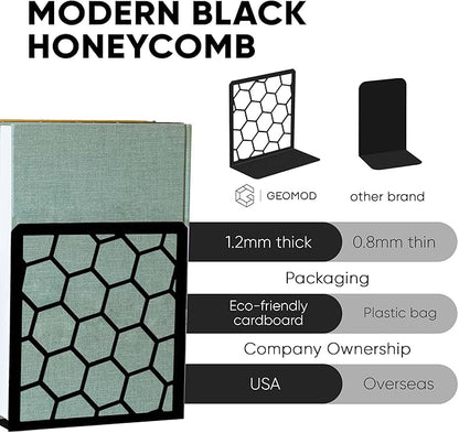 GEOMOD Geometric Honeycomb Black Metal Bookends Decorative - Tall Sturdy Book Ends for Shelves - Modern Heavy Duty Bookend Stopper - Office or Home Book Shelf Book Holder - 6x3.25x6.25 Inches - 1 Pair