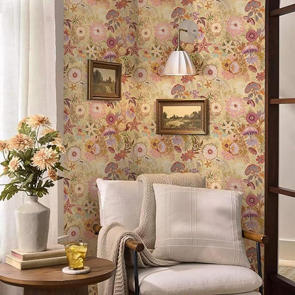 Ismoon Vintage Floral Peel and Stick Wallpaper Deep Beige Pink Contact Paper Jellyfish Starfish Stick on Wall Paper Removable Self Adhesive Vinyl Wallpaper for Bedroom Wall Cabinet Decor 17.3x78.7in