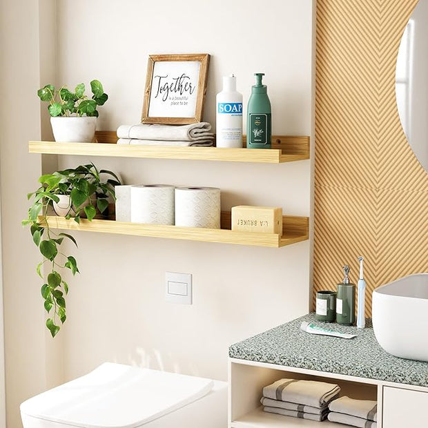 24 Inch Bamboo Floating Shelves - Picture Ledge Shelf with Lip Set of 2, Hanging Bamboo Wall Shelf for Storage, Natural Wood Floating Shelves for Living Room, Bedroom, Kitchen