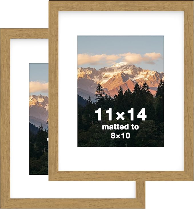 FrameWorks 2-Pack, 11x14 Matted to 8x10 Picture Frame, Golden Oak – Classic Wooden Photo Frame with Tempered Glass, Modern Matte Finish for Prints, Posters, Certificates & Wall Decor – Gallery-Ready