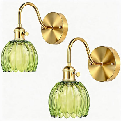 2-Pack Wall Sconces Lights Lamp for Bedroom Bathroom, Modern Vanity Light Fixtures, Wall Mount Lighting Vintage Tulip Green Glass Shade for Living Room Mirror Hallway Kitchen
