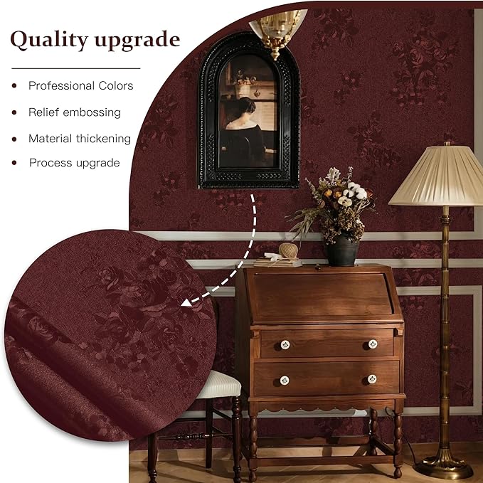Dimoon 17.7''x236.2''Dark Red Peel and Stick Wallpaper Gothic Floral Wall Paper Contact Paper Closeout Renter Friendly Modern Self Adhesive(236.2''x17.7'', Dark Red Floral Textured)
