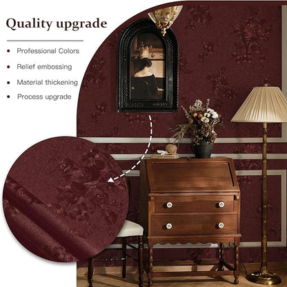 Dimoon 17.7''x393.7''Dark Red Peel and Stick Wallpaper Gothic Floral Wall Paper Contact Paper Closeout Renter Friendly Modern Self Adhesive(393.7''x17.7'', Dark Red Floral Textured)