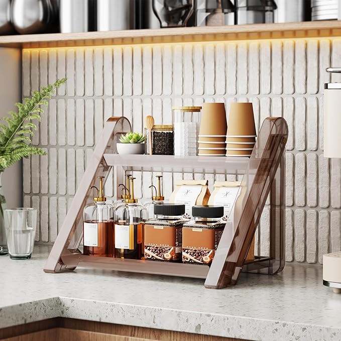 NiHome Foldable Countertop Coffee Station Organizer Rack, 2-Tier Shelf for Coffee Bar Accessories, Condiment Storage Caddy for Kitchen, Home, Office (Brown)