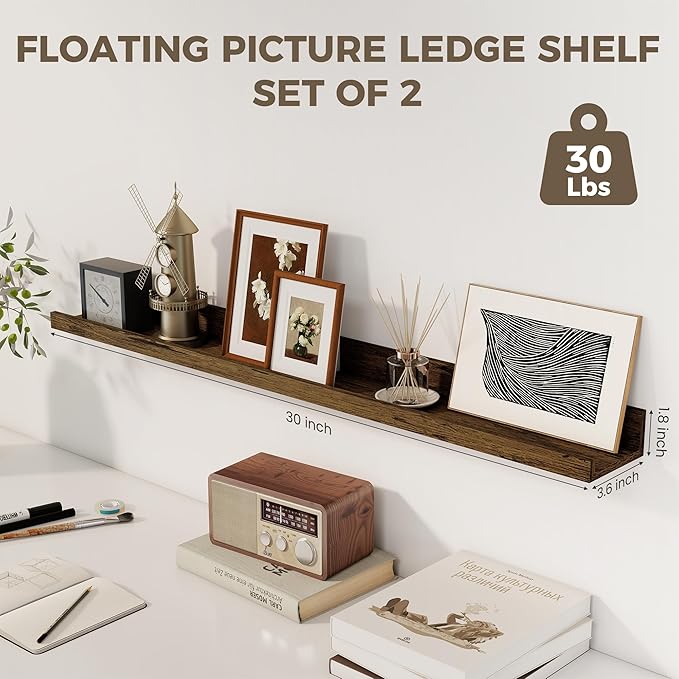 Axeman 30 Inch Floating Shelves | Picture Ledge Shelf Set of 2 | Rustic Brown Wall Shelves with Lip | Brown Picture Shelf for Wall with Ledge | Photo Ledges 30 Inch