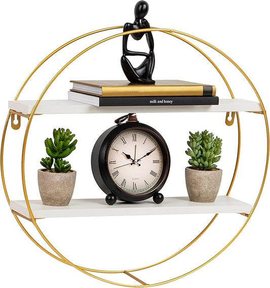 Mind Reader Floating Round Wall Shelves, Gold Metal Frame with Dual White Display Shelves, Decorative Wall-Mounted Organizer for Living Room, Office, or Bathroom, Metal. MDF, White