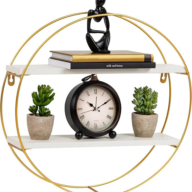Mind Reader Floating Round Wall Shelves, Gold Metal Frame with Dual White Display Shelves, Decorative Wall-Mounted Organizer for Living Room, Office, or Bathroom, Metal. MDF, White