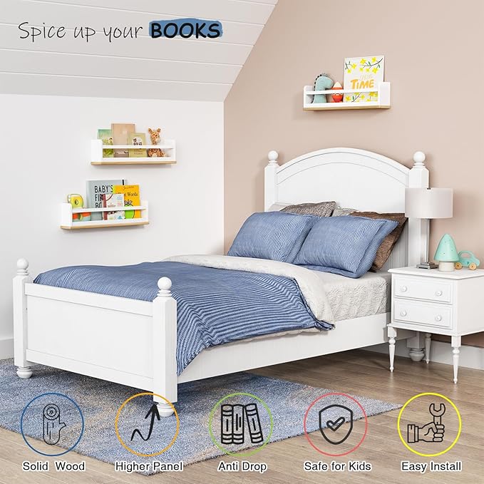 Floating Nursery Book Shelves for Wall, 24 Inch Long Wall Bookshelf for Kids Room, White and Natural Wood Hanging Bookshelves for Baby Toddler Childrens Kids Bedroom Bathroom (Set of 3)