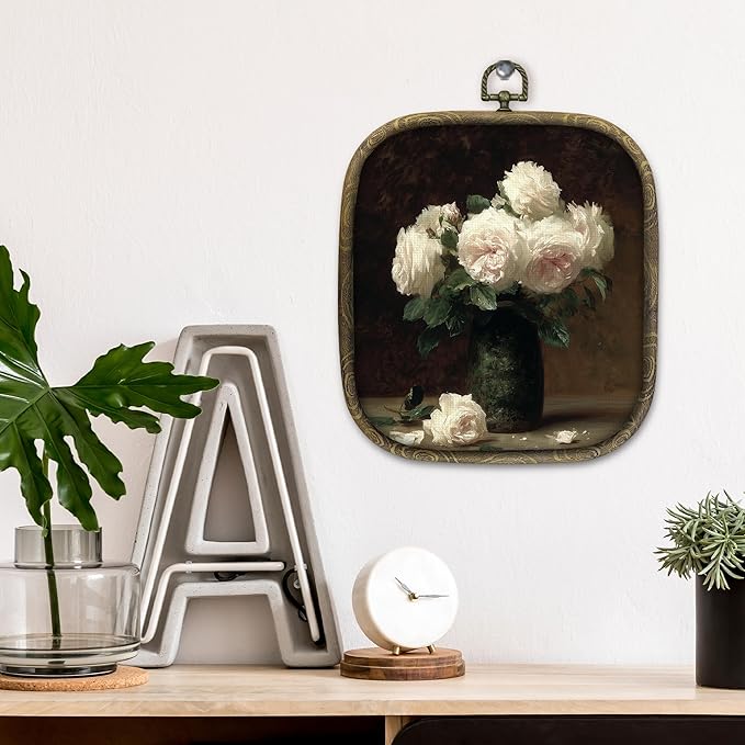 KSDUT Flower Wall Art Decor - Botanical Neutral Mid Century Modern Wall Art Canvas Frame Hanging Prints, Vintage White Floral Square Wall Art Decor for Home Decorations 6.5"x5.7"