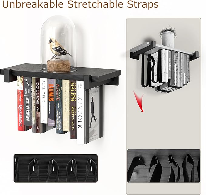 2 Set of Floating Bookshelf, Pine Wood Invisible Bookshelf, Hanging Bookshelves for Wall, Unique Space Saving Wall Bookcase, New Black (16.5L×8.7W×1.5H)