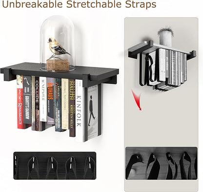 2 Set of Floating Bookshelf, Pine Wood Invisible Bookshelf, Hanging Bookshelves for Wall, Unique Space Saving Wall Bookcase, New Black (16.5L×8.7W×1.5H)