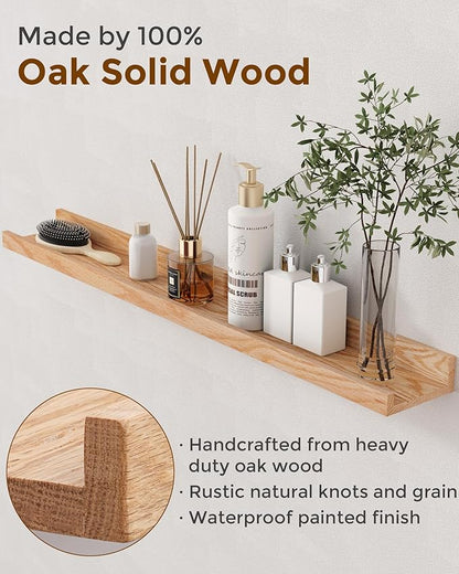 Axeman Oak Picture Ledge Shelf, 36 Inch Floating Shelves Set of 2, Solid Oak Wood Wall Shelves with Lip, Wall Decor Storage for Bedroom Living Room Bathroom Kitchen Nursery Photo Picture, Natural Oak