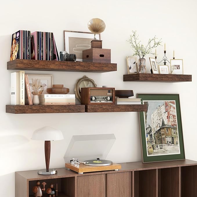 Deep Floating Shelves | 24 Inch Brown Floating Shelves Set of 2 | 12 Inch Deep Rustic Wood Shelves for Wall | 24